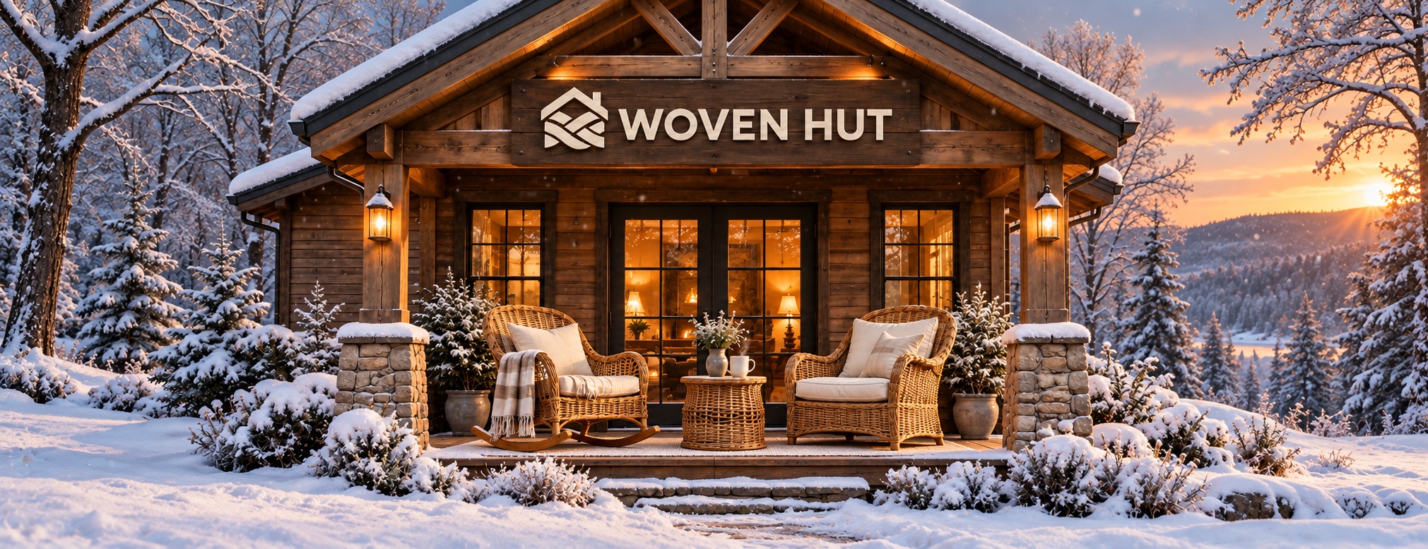 Засніжена хатина з вивіскою Woven Hut і плетеними кріслами на терасі